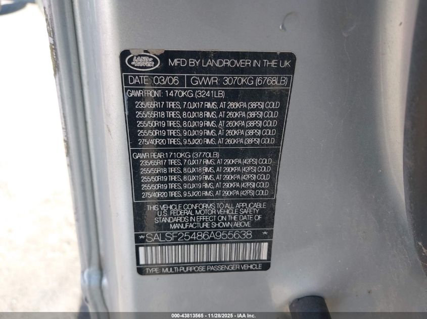 2006 Land Rover Range Rover Sport Hse VIN: SALSF25486A955638 Lot: 43813565