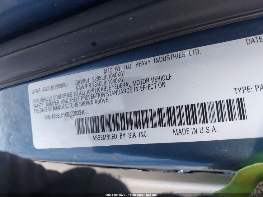 2007 Subaru Legacy 2.5I VIN: 4S3BL616877203340 Lot: 43813570