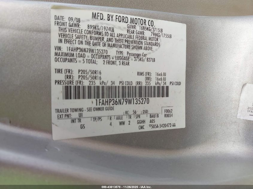 2009 Ford Focus Ses VIN: 1FAHP36N79W135270 Lot: 43813578