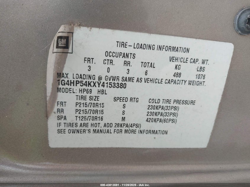 2000 Buick Lesabre Custom VIN: 1G4HP54KXY4153380 Lot: 43813591