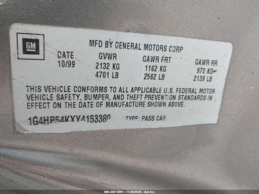 2000 Buick Lesabre Custom VIN: 1G4HP54KXY4153380 Lot: 43813591