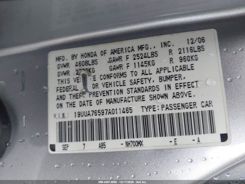 2007 Acura Tl Type S VIN: 19UUA76597A011465 Lot: 43813595