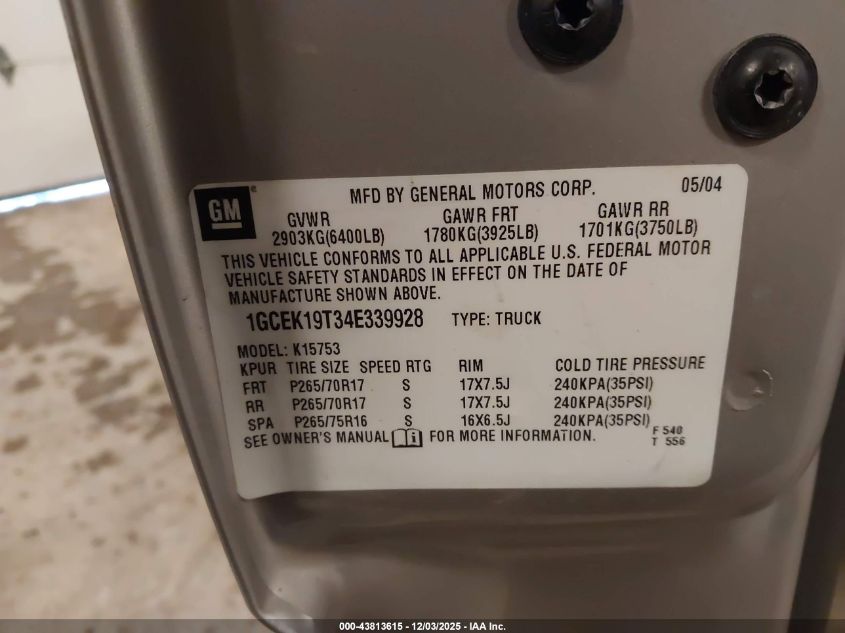 2004 Chevrolet Silverado 1500 Z71 VIN: 1GCEK19T34E339928 Lot: 43813615