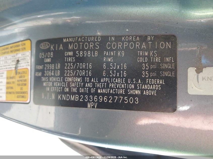 2009 Kia Sedona Lx VIN: KNDMB233696277503 Lot: 43813628