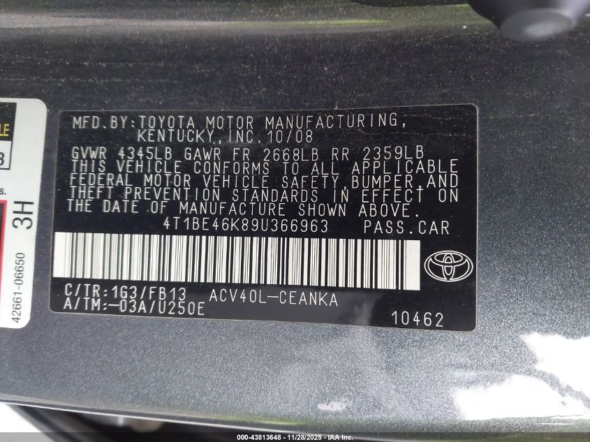 2009 Toyota Camry Le VIN: 4T1BE46K89U366963 Lot: 43813648