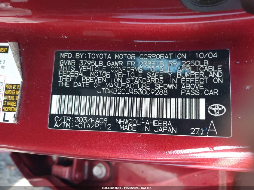 2005 Toyota Prius VIN: JTDKB20U453009288 Lot: 43813653