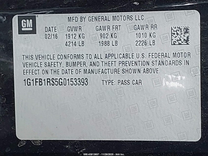 2016 Chevrolet Camaro 1Lt VIN: 1G1FB1RS5G0153393 Lot: 43813657