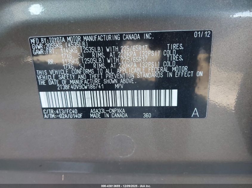 2012 Toyota Rav4 VIN: 2T3BF4DV9CW186741 Lot: 43813659