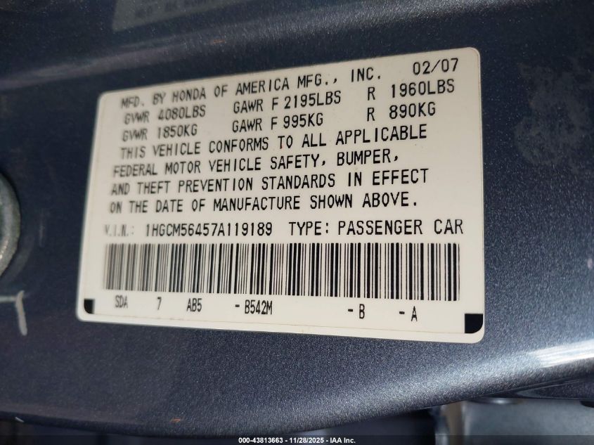 2007 Honda Accord 2.4 Lx VIN: 1HGCM56457A119189 Lot: 43813663