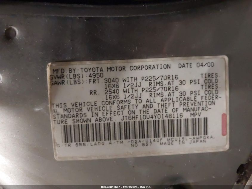 2000 Lexus Rx 300 VIN: JT6HF10U4Y0148116 Lot: 43813667