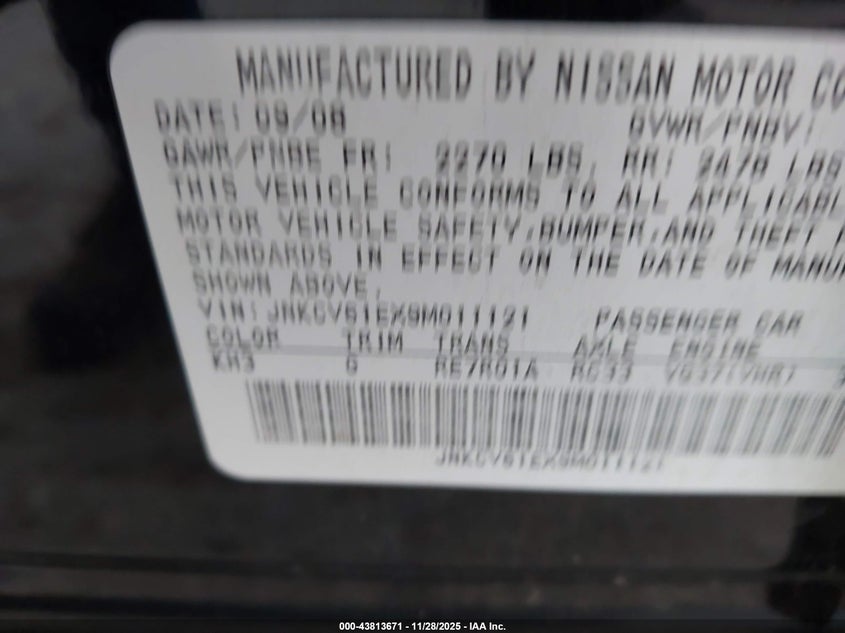 2009 Infiniti G37 Journey VIN: JNKCV61EX9M011121 Lot: 43813671