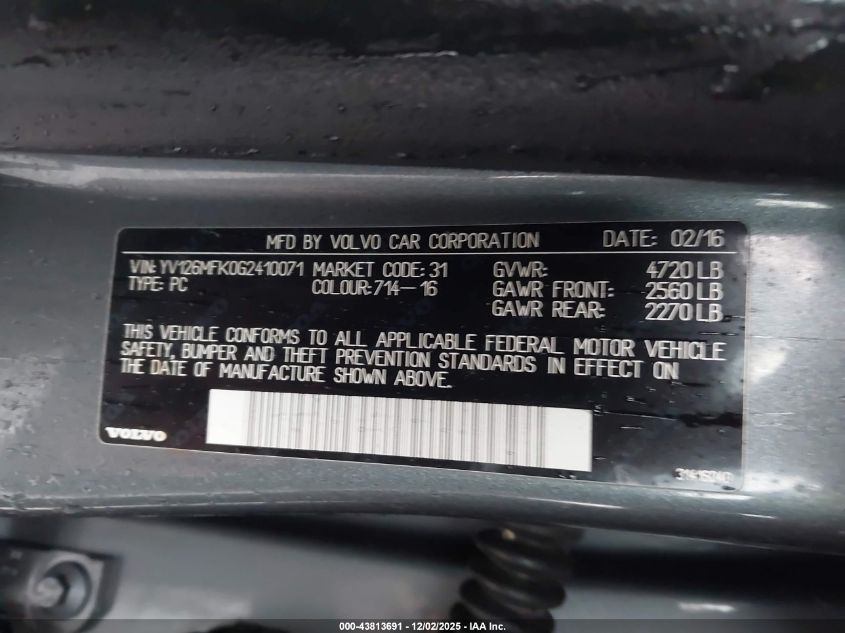 2016 Volvo S60 T5 Drive-E Premier VIN: YV126MFK0G2410071 Lot: 43813691