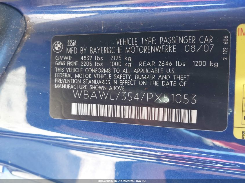 2007 BMW 335I VIN: WBAWL73547PX51053 Lot: 43813706