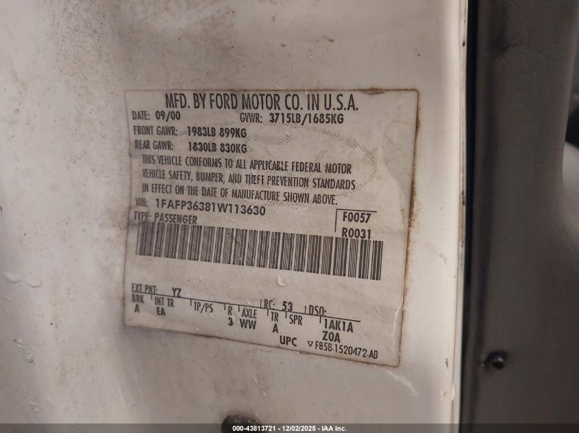 2001 Ford Focus Se VIN: 1FAFP36381W113630 Lot: 43813721
