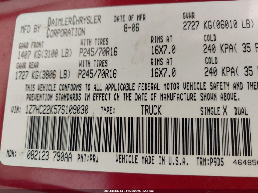 2007 Mitsubishi Raider Ls VIN: 1Z7HC22K57S109030 Lot: 43813744