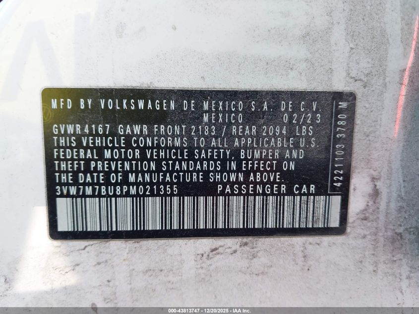 2023 Volkswagen Jetta 1.5T Se VIN: 3VW7M7BU8PM021355 Lot: 43813747