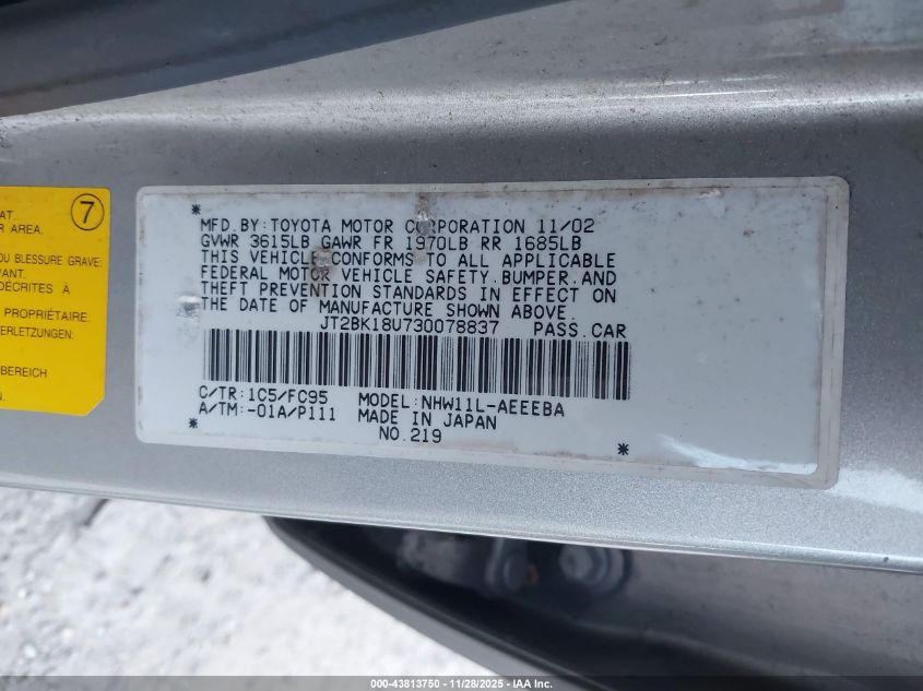 2003 Toyota Prius VIN: JT2BK18U730078837 Lot: 43813750