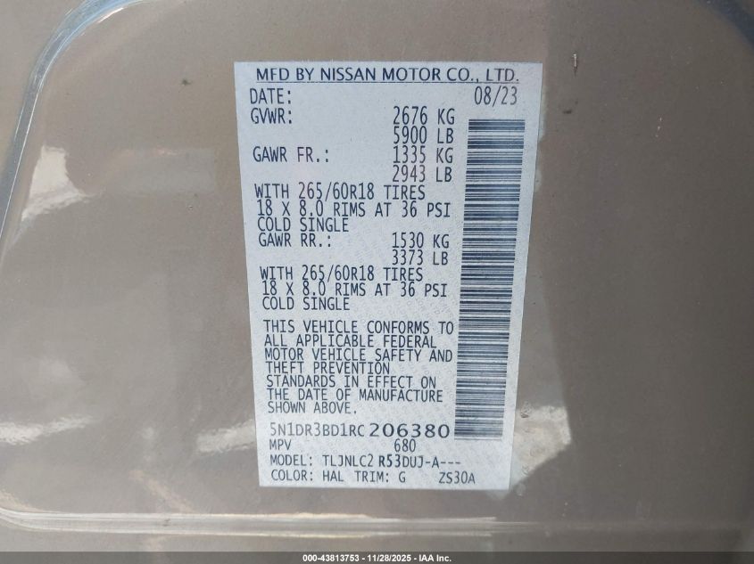 2024 Nissan Pathfinder Rock Creek 4Wd VIN: 5N1DR3BD1RC206380 Lot: 43813753