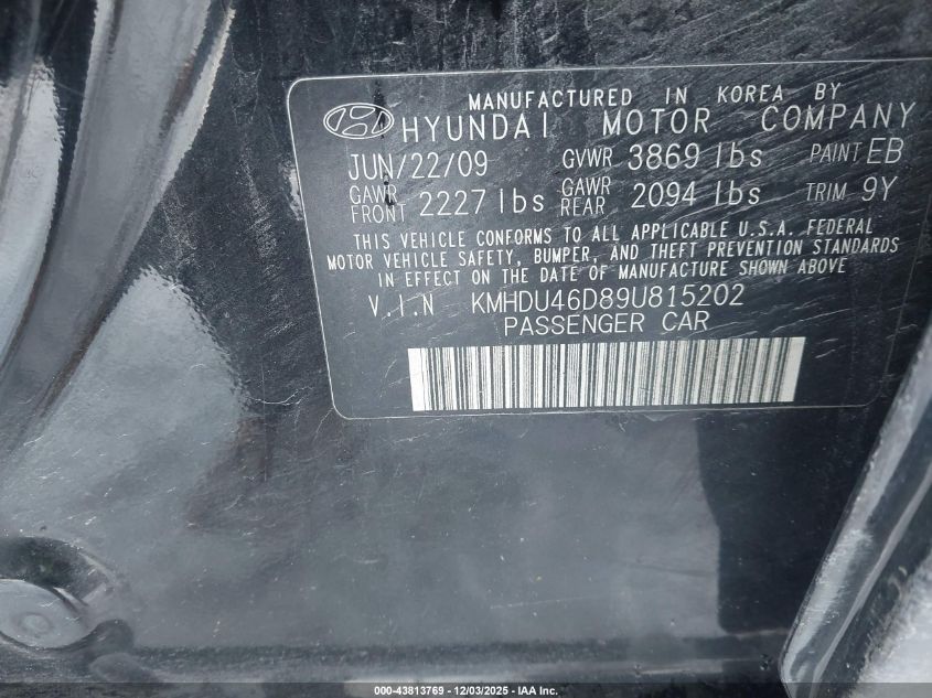 2009 Hyundai Elantra Gls VIN: KMHDU46D89U815202 Lot: 43813769