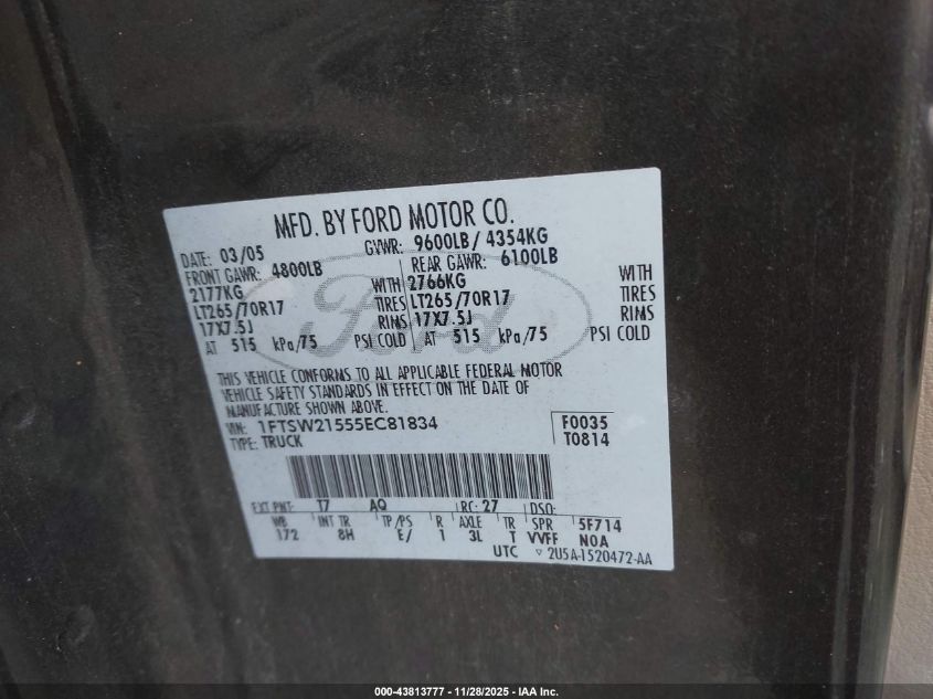 2005 Ford F-250 Lariat/Xl/Xlt VIN: 1FTSW21555EC81834 Lot: 43813777