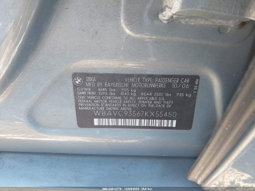 2007 BMW 328Xi VIN: WBAVC93567KX55450 Lot: 43813778