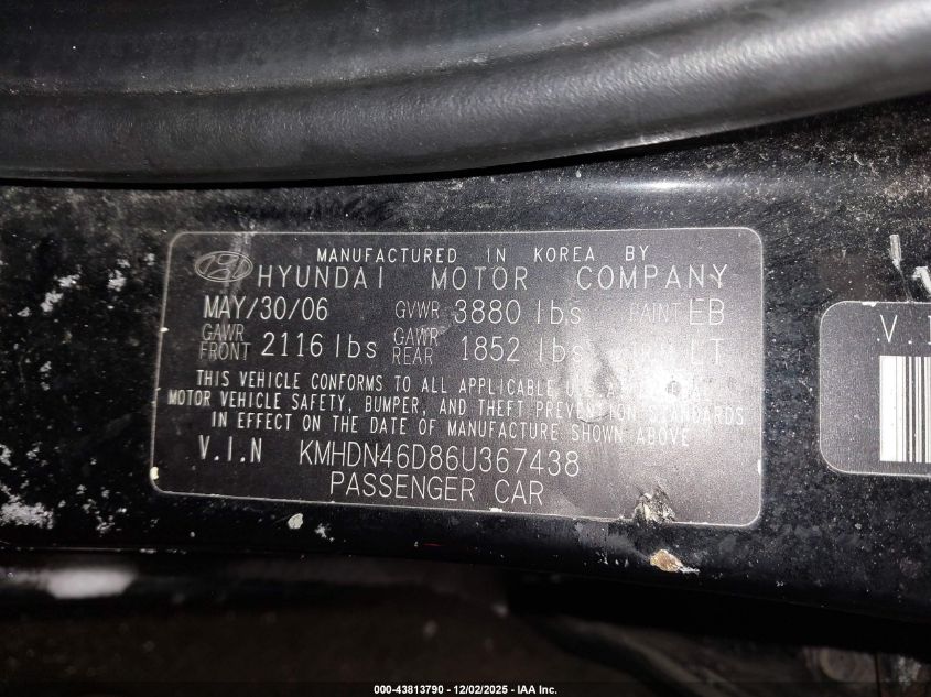 2006 Hyundai Elantra Gls/Limited VIN: KMHDN46D86U367438 Lot: 43813790