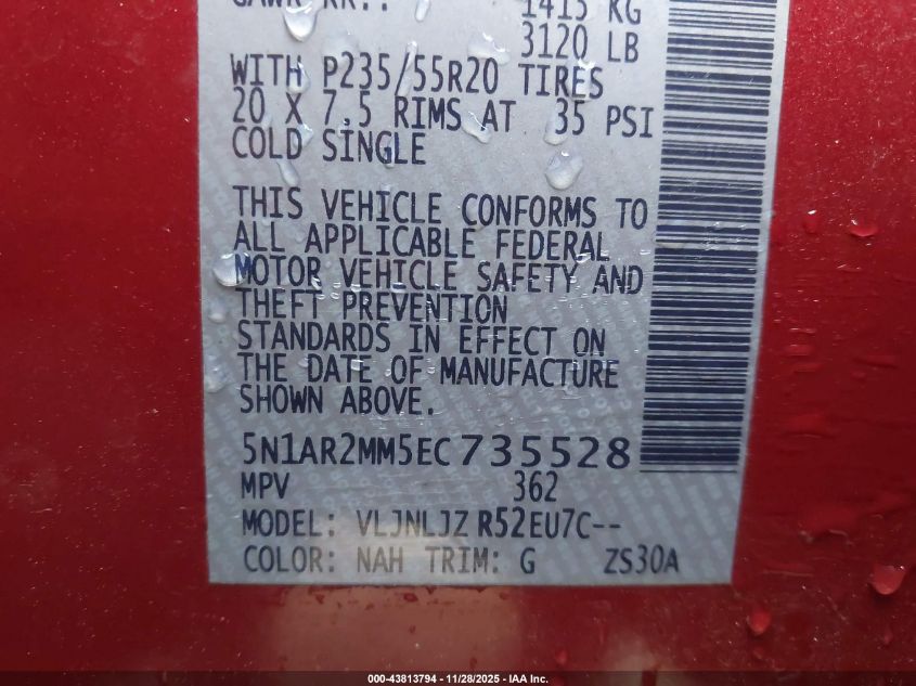 2014 Nissan Pathfinder Platinum VIN: 5N1AR2MM5EC735528 Lot: 43813794