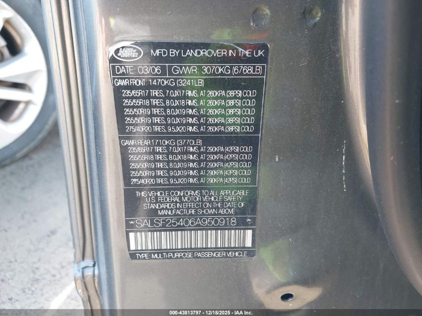 2006 Land Rover Range Rover Sport Hse VIN: SALSF25406A950918 Lot: 43813797