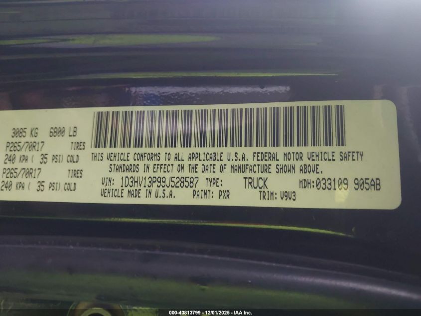 2009 Dodge Ram 1500 Slt/Sport/Trx VIN: 1D3HV13P99J528587 Lot: 43813799