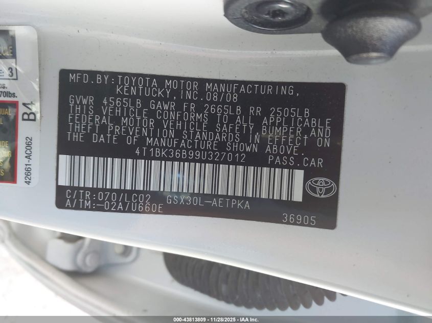 2009 Toyota Avalon Limited VIN: 4T1BK36B99U327012 Lot: 43813809