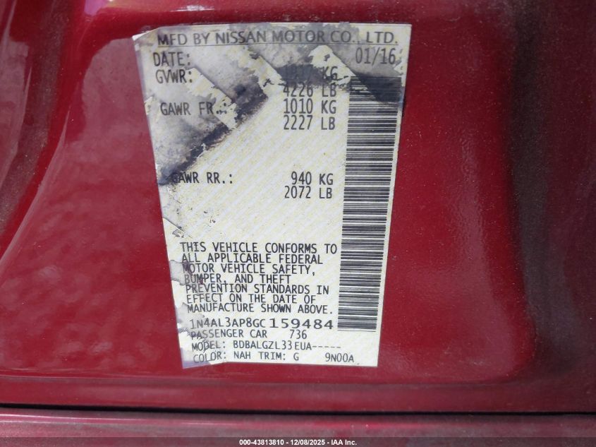 2016 Nissan Altima 2.5/2.5 S/2.5 Sl/2.5 Sr/2.5 Sv VIN: 1N4AL3AP8GC159484 Lot: 43813810