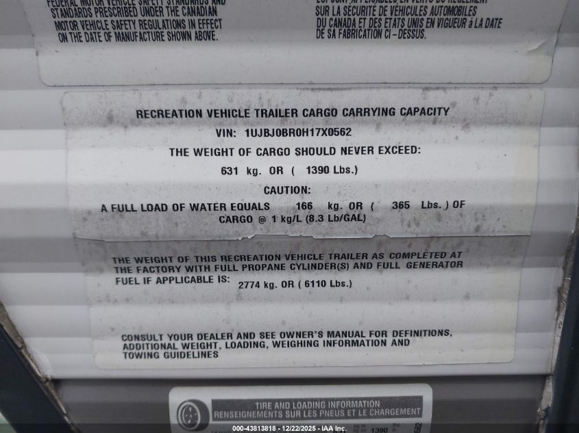 2018 Jayco Jay Flight 287Bhsw VIN: 1UJBJ0BR0H17X0562 Lot: 43813818