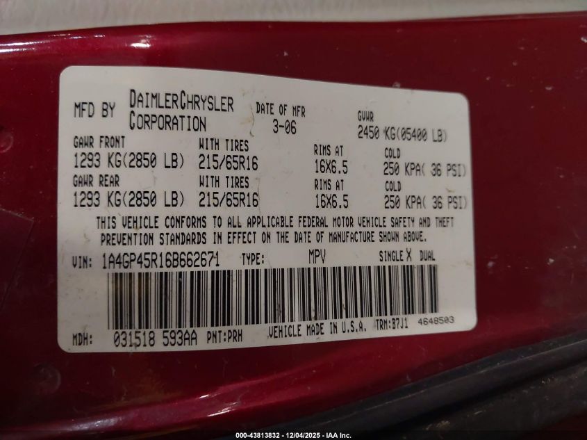 2006 Chrysler Town & Country VIN: 1A4GP45R16B662671 Lot: 43813832