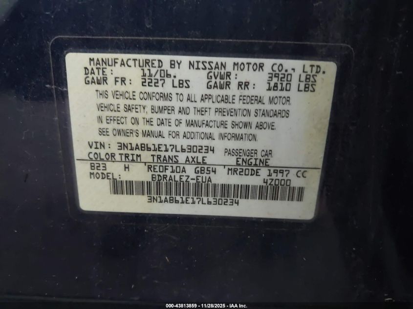 2007 Nissan Sentra 2.0S VIN: 3N1AB61E17L630234 Lot: 43813859