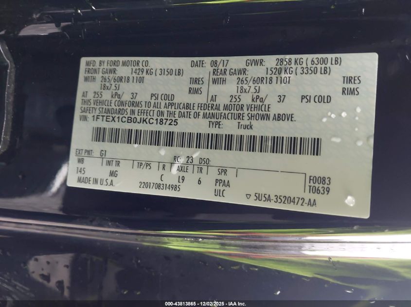 2018 Ford F-150 Xlt VIN: 1FTEX1CB0JKC18725 Lot: 43813865