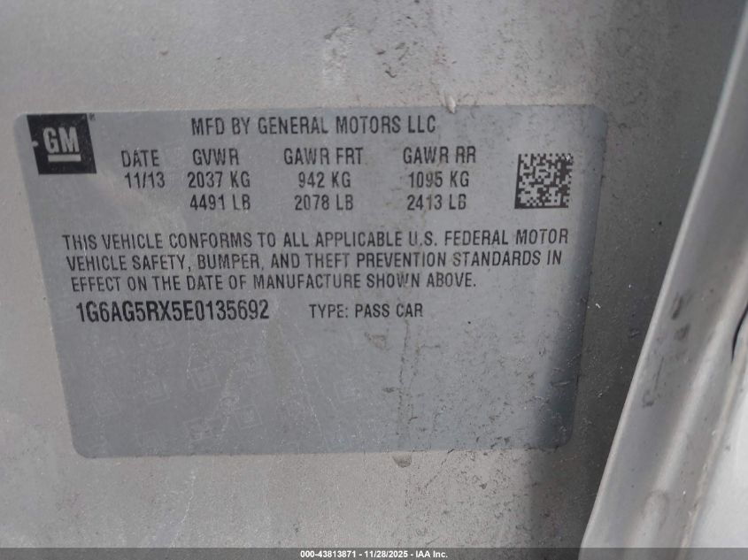 2014 Cadillac Ats Standard VIN: 1G6AG5RX5E0135692 Lot: 43813871