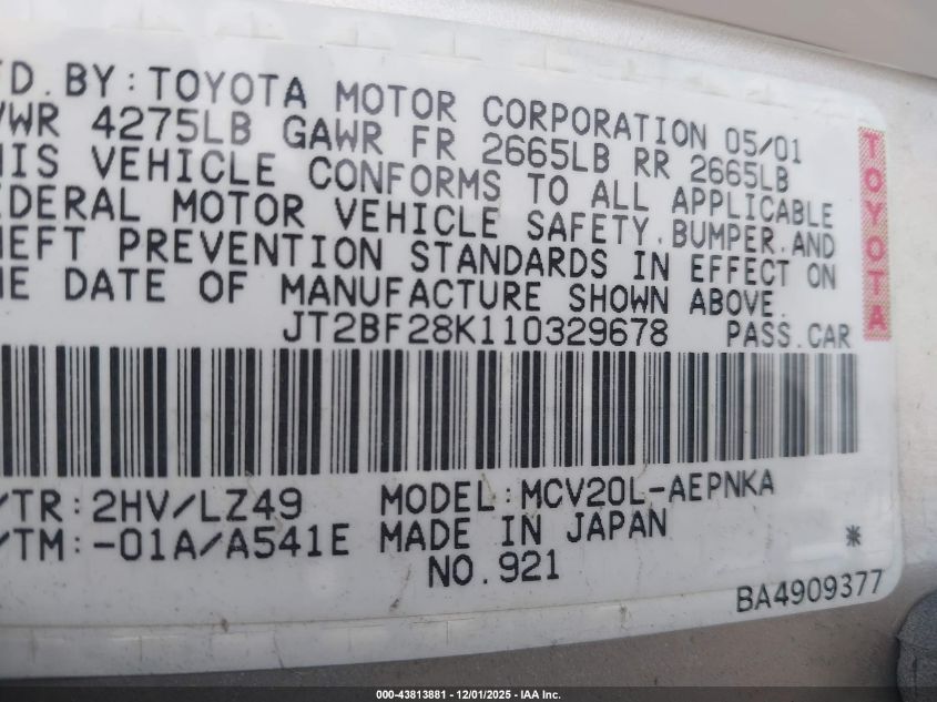 2001 Toyota Camry Le V6 VIN: JT2BF28K110329678 Lot: 43813881