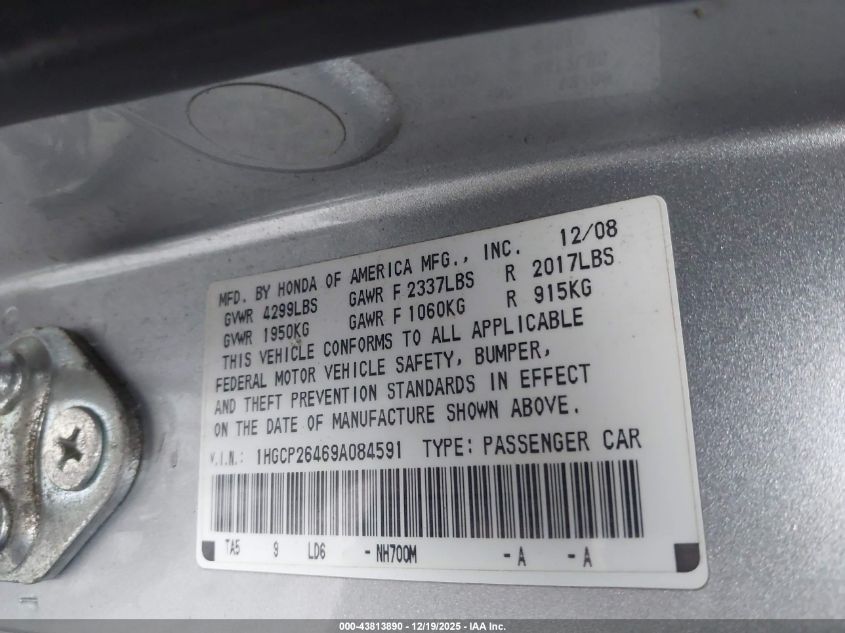 2009 Honda Accord 2.4 Lx-P VIN: 1HGCP26469A084591 Lot: 43813890