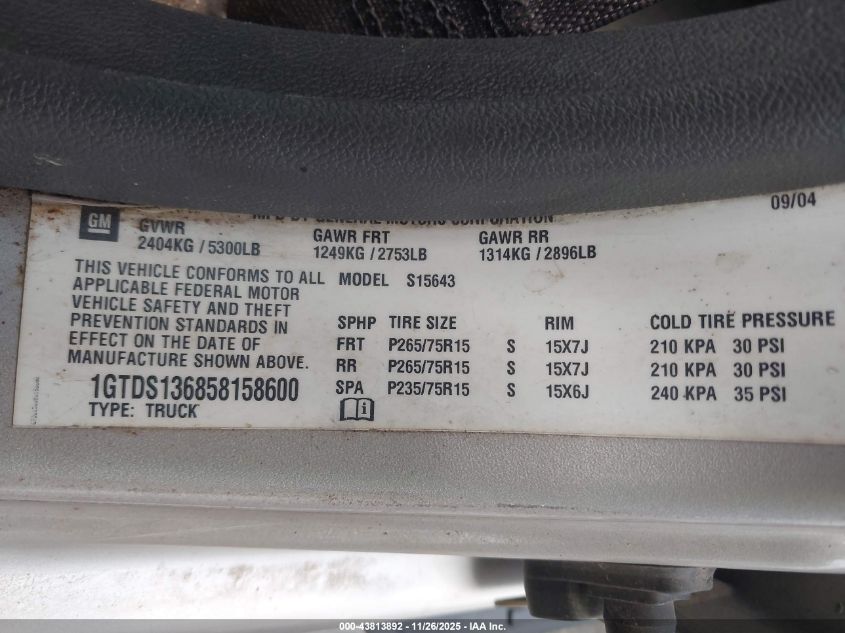 2005 GMC Canyon Sle VIN: 1GTDS136858158600 Lot: 43813892