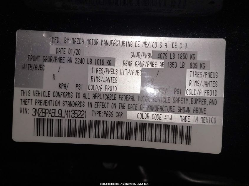 2020 Mazda Mazda3 VIN: 3MZBPABL9LM135221 Lot: 43813903