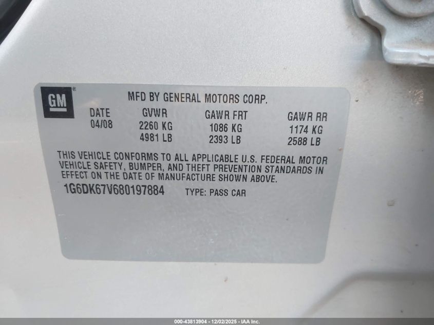 2008 Cadillac Sts V6 VIN: 1G6DK67V680197884 Lot: 43813904