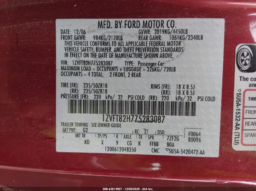 2007 Ford Mustang Gt Deluxe/Gt Premium VIN: 1ZVFT82H775283087 Lot: 43813907