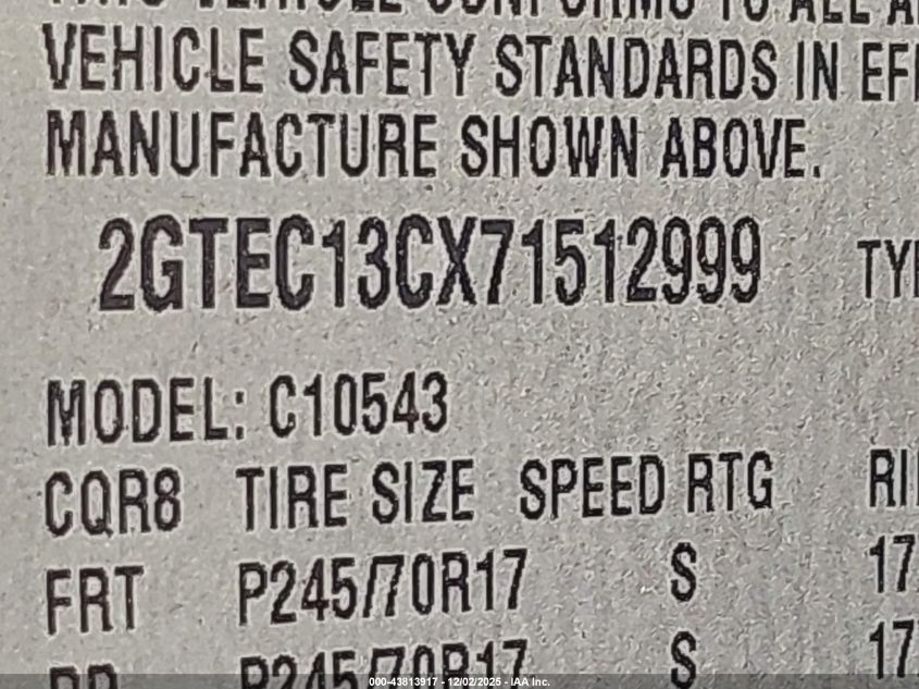 2007 GMC Sierra 1500 Work Truck VIN: 2GTEC13CX71512999 Lot: 43813917