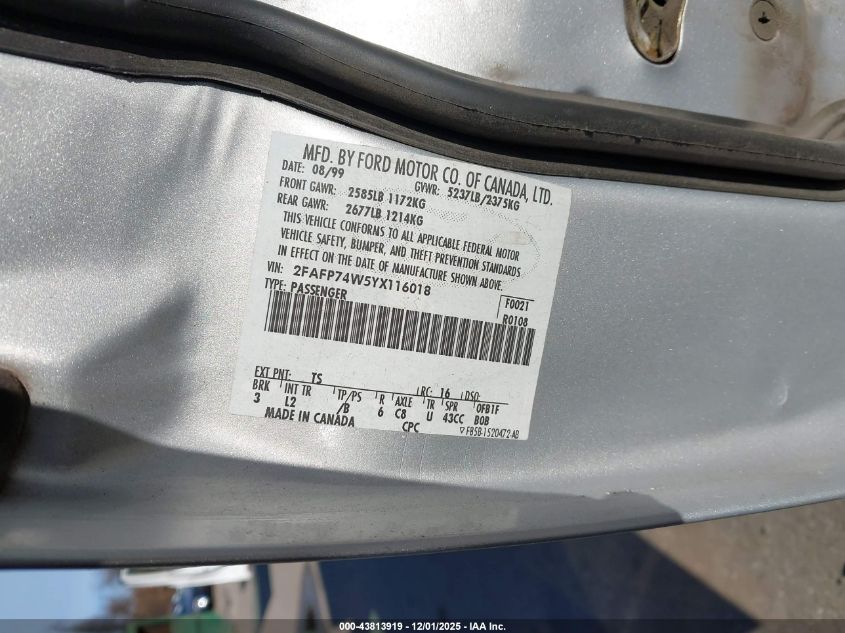 2000 Ford Crown Victoria Lx VIN: 2FAFP74W5YX116018 Lot: 43813919