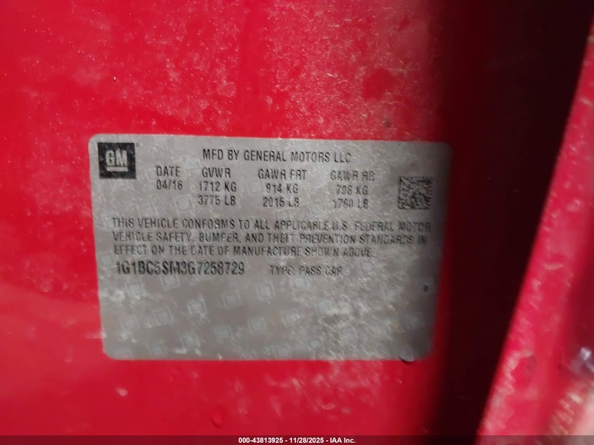 2016 Chevrolet Cruze Ls Auto VIN: 1G1BC5SM3G7258729 Lot: 43813925