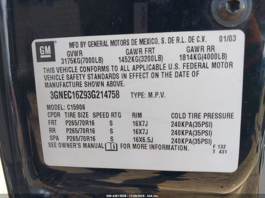 2003 Chevrolet Suburban 1500 Ls VIN: 3GNEC16Z93G214758 Lot: 43813926