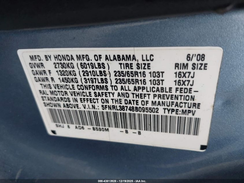2008 Honda Odyssey Ex-L VIN: 5FNRL38748B095502 Lot: 43813928