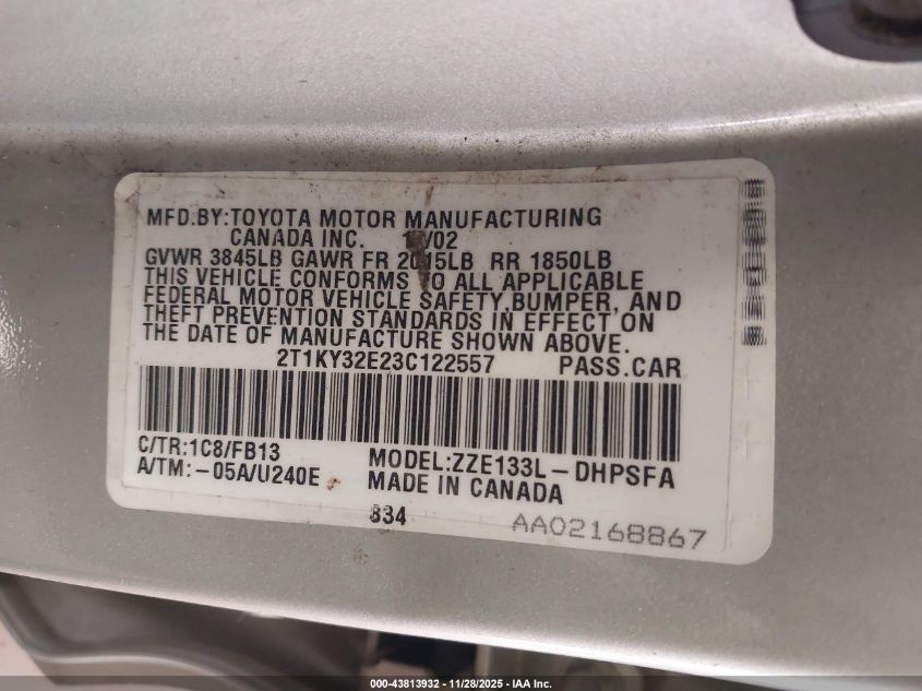 2003 Toyota Matrix Xrs VIN: 2T1KY32E23C122557 Lot: 43813932