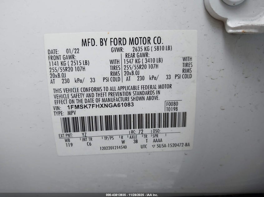 2022 Ford Explorer Limited VIN: 1FMSK7FHXNGA61083 Lot: 43813935