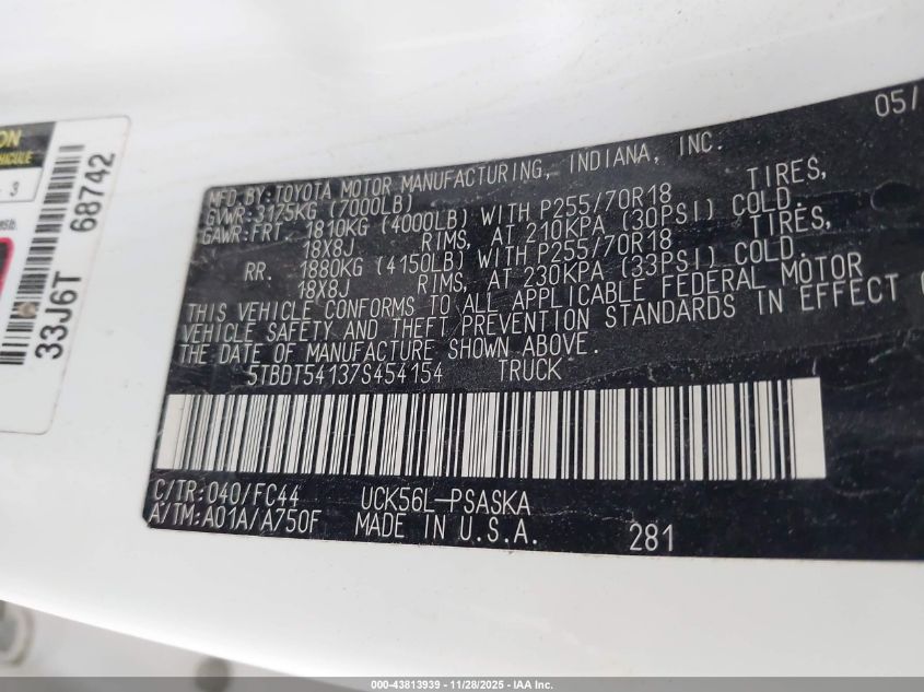 2007 Toyota Tundra Sr5 4.7L V8 VIN: 5TBDT54137S454154 Lot: 43813939